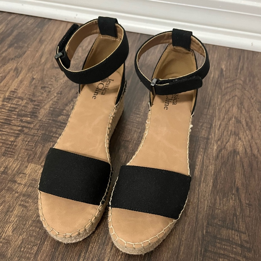 Size 8.5 Jessica Cline Ankle Strap Wedge - Black
